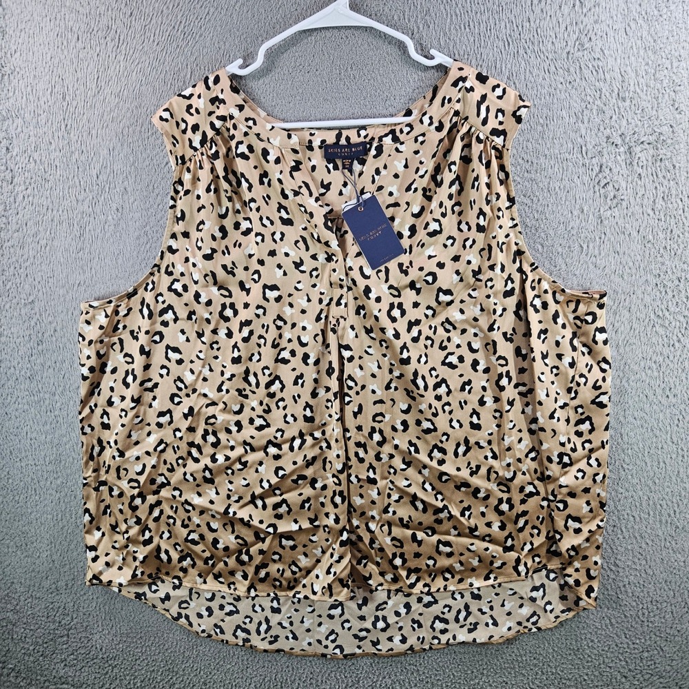 Skies Are Blue Curvy Leopard Print Sleeveless V-Neck Blouse Tan 3X NEW NWT